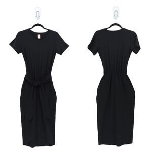 Smash + Tess Women 2XS Rebecca Dress Midnight Black Midi Tie Pockets Crewneck